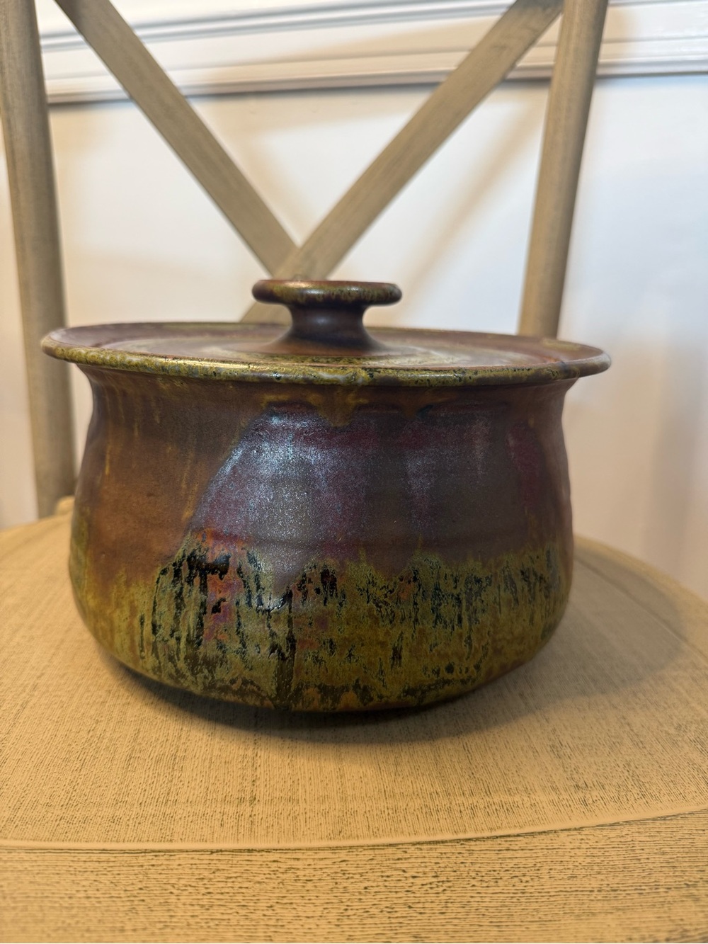 Handcrafted Ceramic Lidded Bowl in Olive Green and Deep Brown